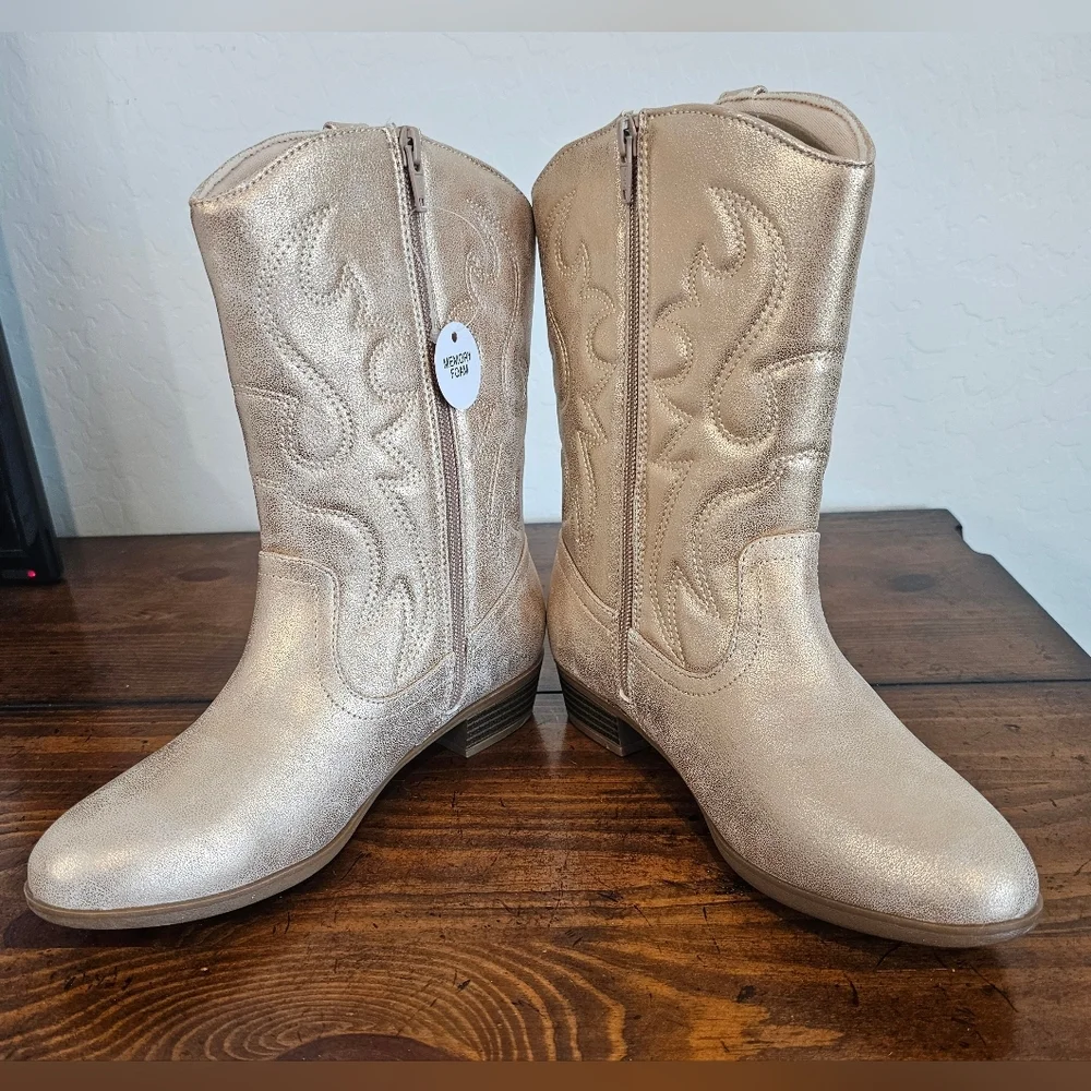 Shimmering Metallic Gold Zip Up Memory Foam Girls Cowboy Boots Size 5 & 6 NWB